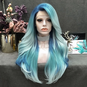 Acionna - Sky And Pastel Blue Ombre Long Loose Wave Synthetic Lace Front Wig
