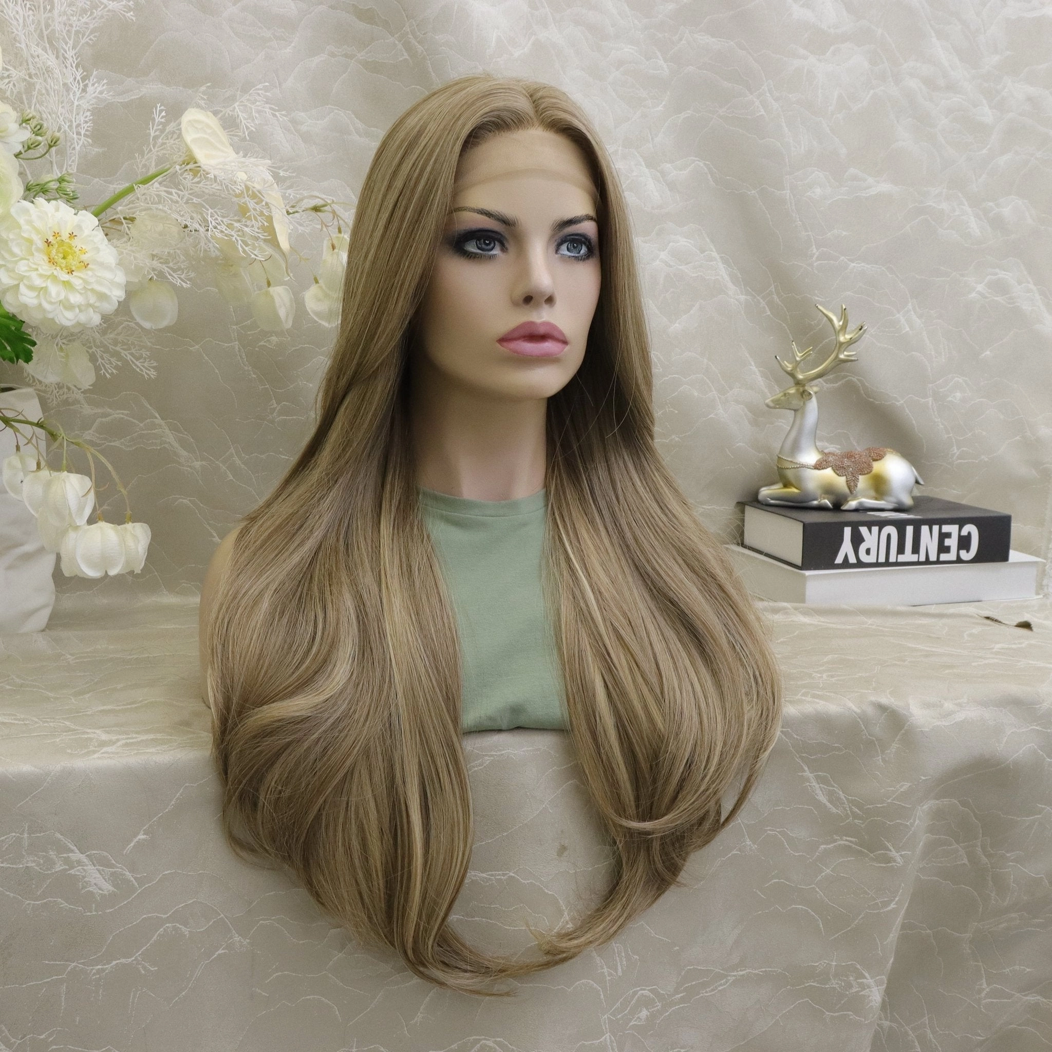 Brenda Collection-Leah Mocha Light Brown T Part Glueless Layer Styles Rootless 28inches Lace Front Wigs