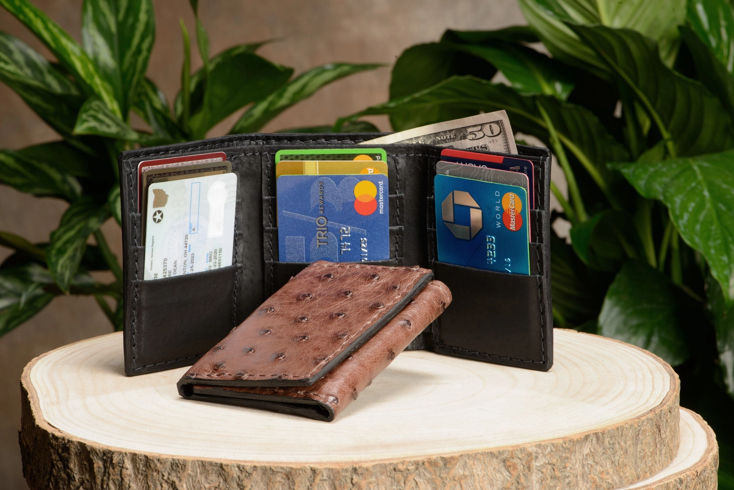 Brown Ostrich Trifold Wallet
