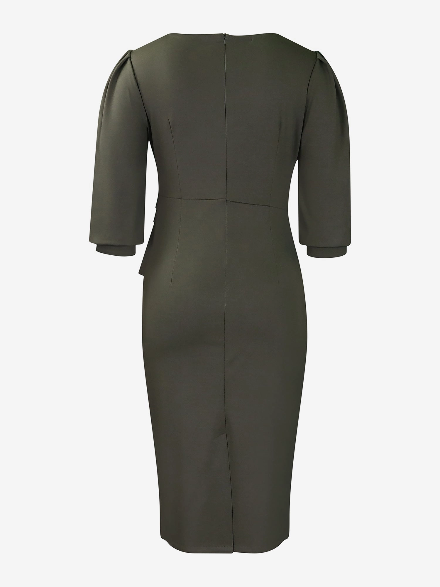 Classic Solid Color Ruched Puff Sleeve Business Bodycon Midi Sheath Dress