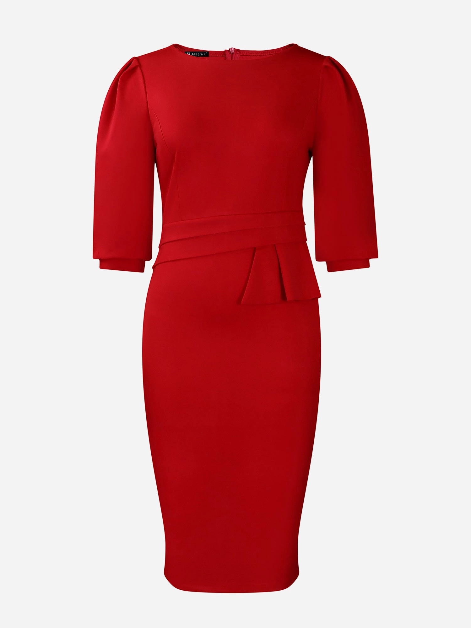 Classic Solid Color Ruched Puff Sleeve Business Bodycon Midi Sheath Dress