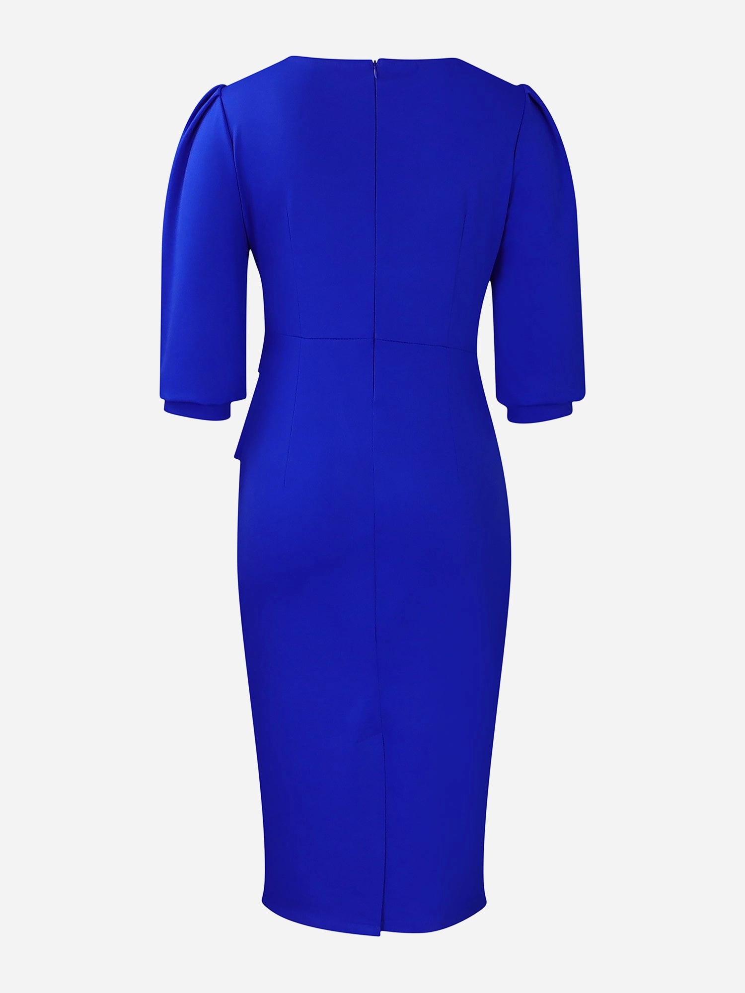 Classic Solid Color Ruched Puff Sleeve Business Bodycon Midi Sheath Dress