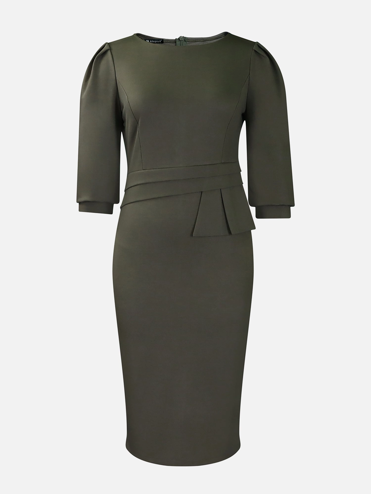 Classic Solid Color Ruched Puff Sleeve Business Bodycon Midi Sheath Dress