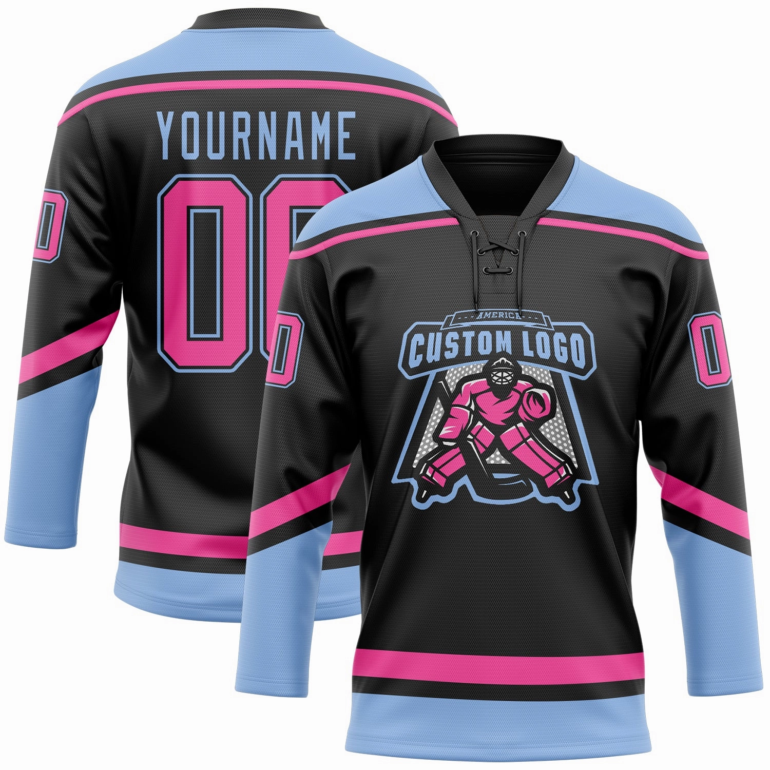Custom Black Pink-Light Blue Hockey Lace Neck Jersey