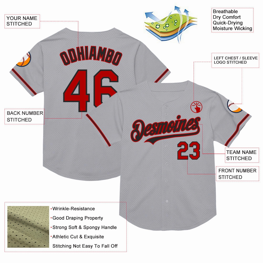 Custom Gray Red-Black Mesh Authentic Throwback Baseball Jersey