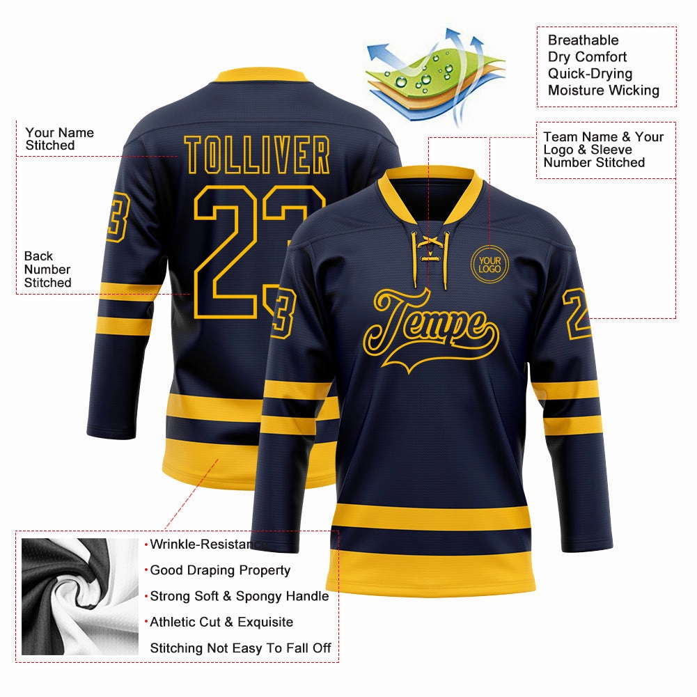 Custom Navy Gold Hockey Lace Neck Jersey