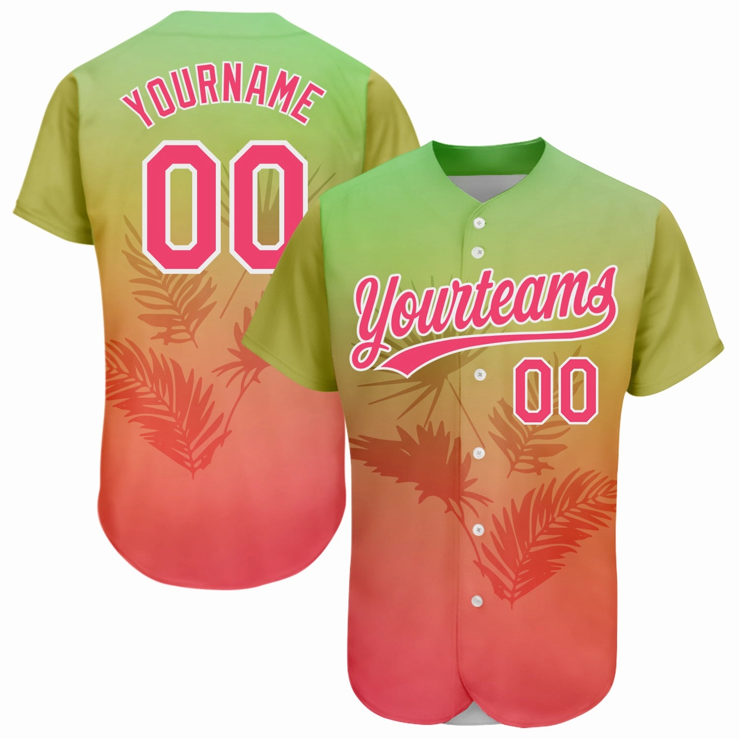 Custom Neon Green Neon Pink-White 3D Pattern Design Hawaii Palm Leaves Authentic Baseball Jersey