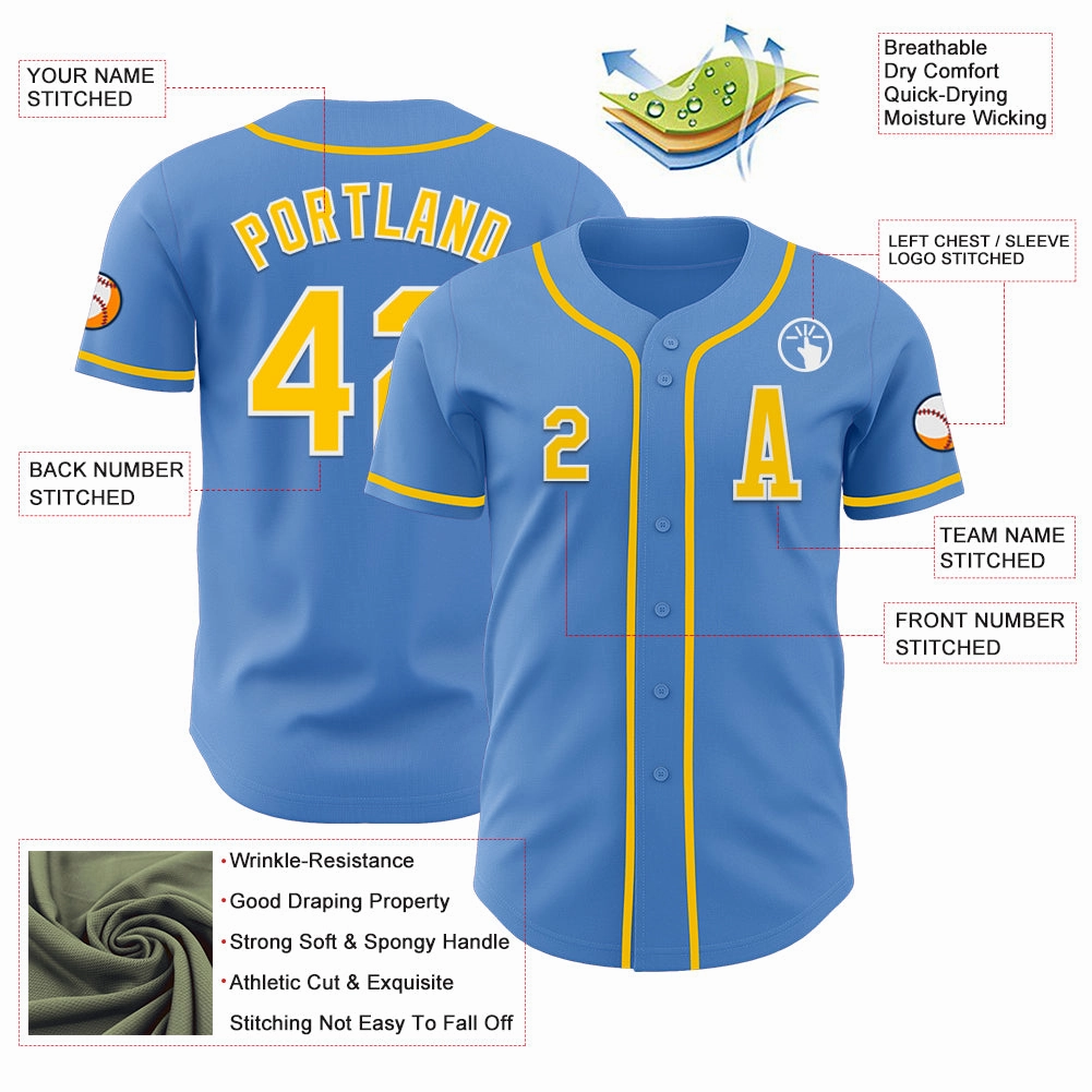 Custom Powder Blue Yellow-White Authentic Baseball Jersey
