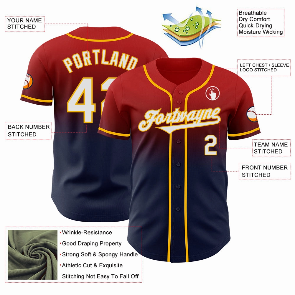 Custom Red Navy-Gold Authentic Fade Fashion Baseball Jersey