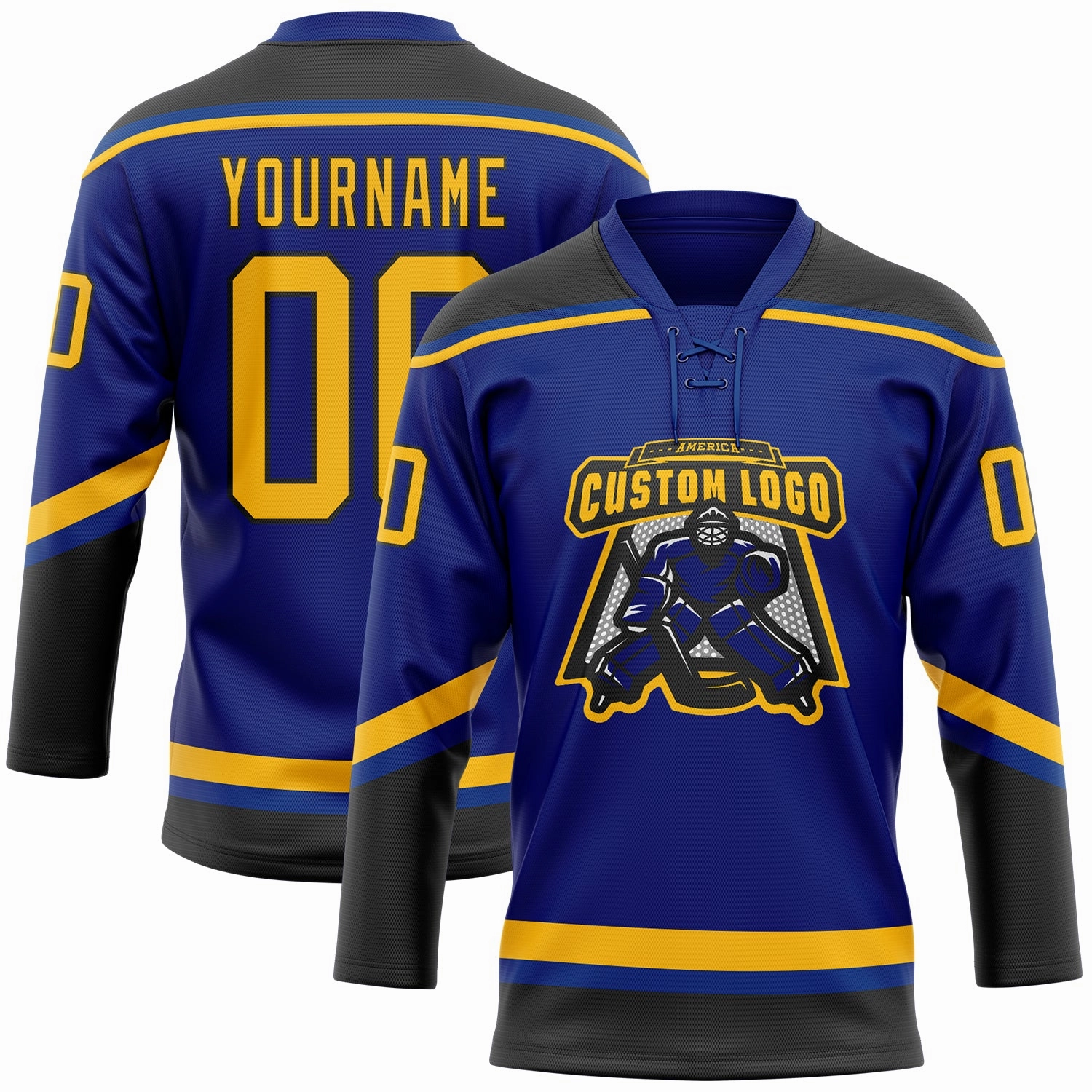Custom Royal Gold-Black Hockey Lace Neck Jersey