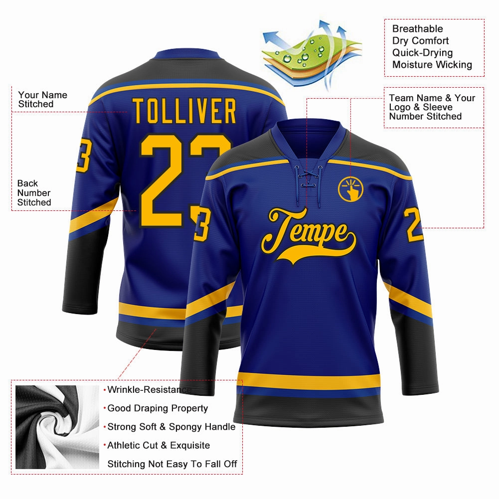 Custom Royal Gold-Black Hockey Lace Neck Jersey