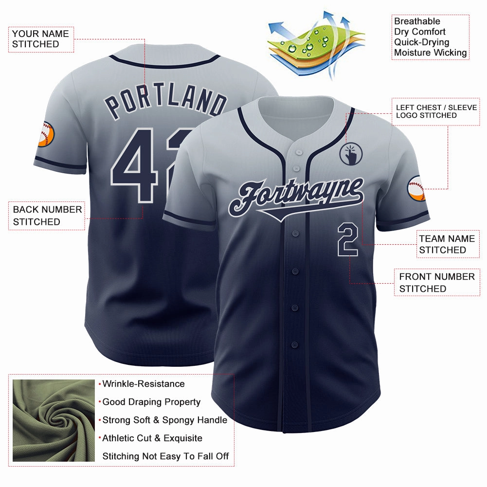 Custom Silver Navy-White Authentic Fade Fashion Baseball Jersey