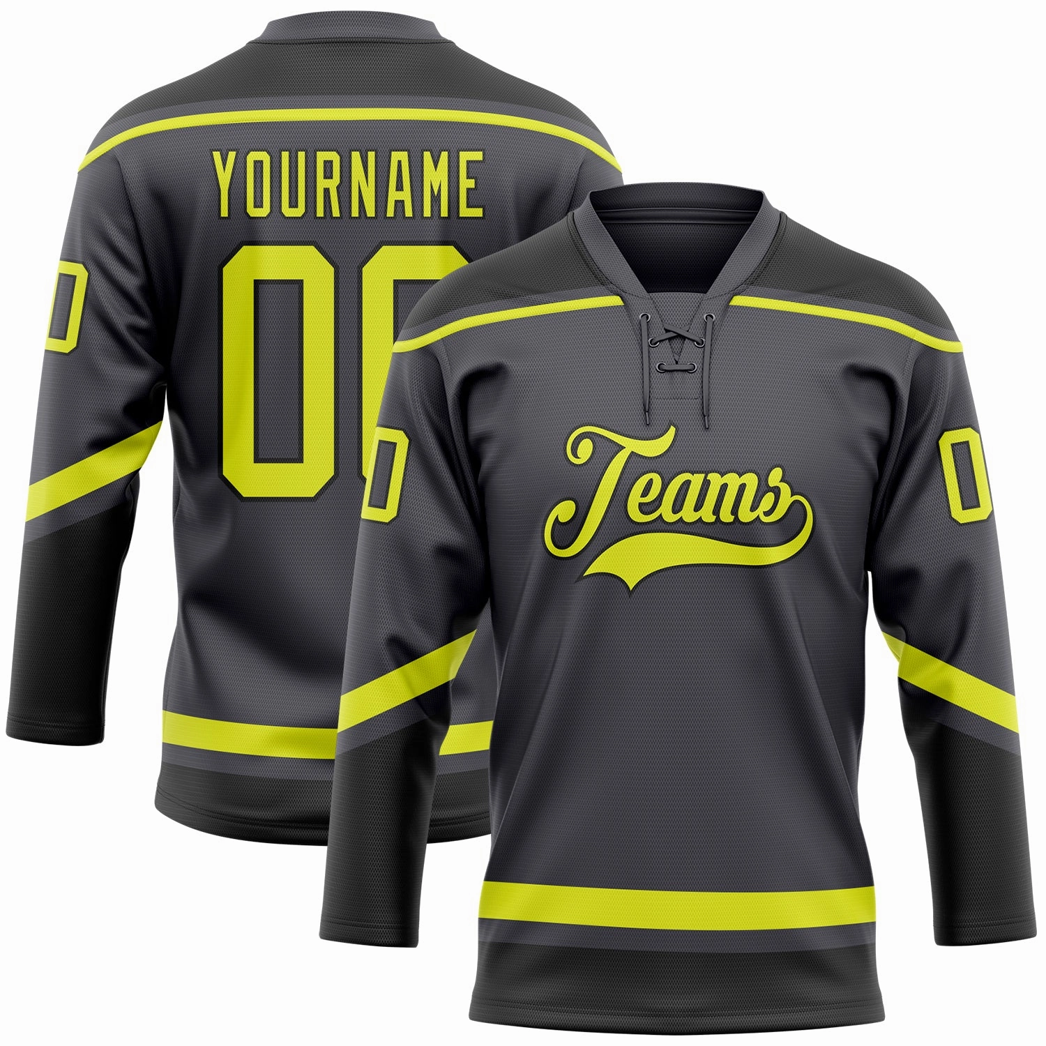 Custom Steel Gray Neon Yellow-Black Hockey Lace Neck Jersey