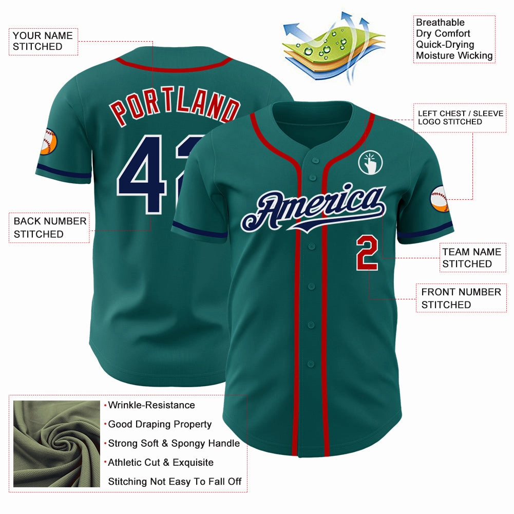 Custom Teal Navy-Red Authentic Baseball Jersey