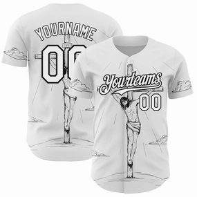 Custom White Black 3D Pattern Design Religion Cross Jesus Christ Good Friday Authentic Baseball Jersey