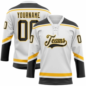 Custom White Black-Gold Hockey Lace Neck Jersey