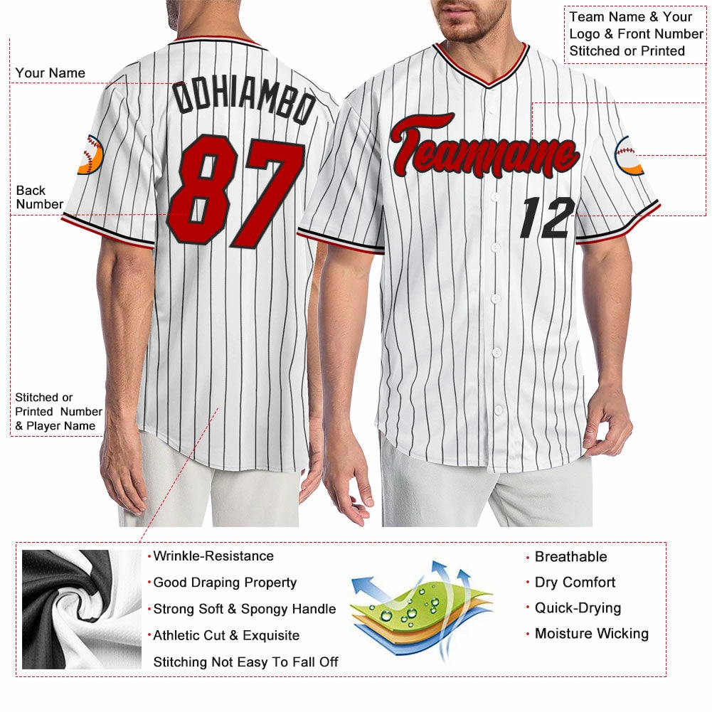 Custom White Black Pinstripe Red-Black Authentic Baseball Jersey
