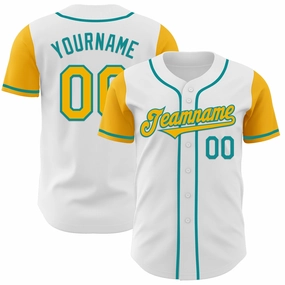 Custom White Gold-Teal Authentic Two Tone Baseball Jersey