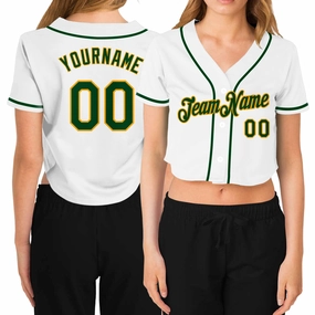 Custom Women's White Green-Gold V-Neck Cropped Baseball Jersey