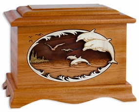 Dolphin Cremation Urn with Wood Inlay Art Ocean Scene