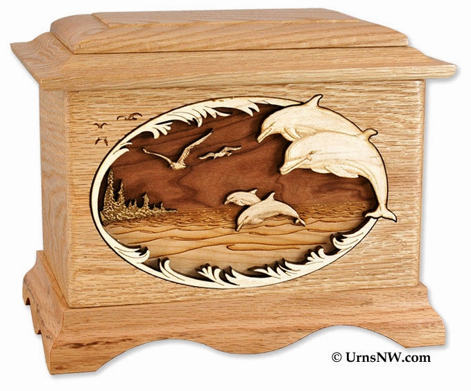 Dolphin Cremation Urn with Wood Inlay Art Ocean Scene
