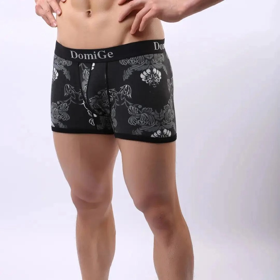 DomiGe Men's Black Floral Print Cotton Stretch Boxer Pouch Male Boxers