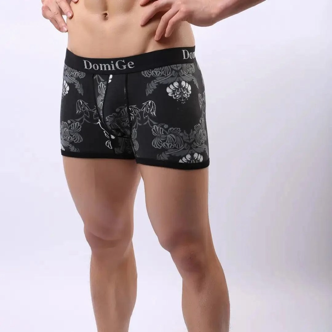 DomiGe Men's Black Floral Print Cotton Stretch Boxer Pouch Male Boxers
