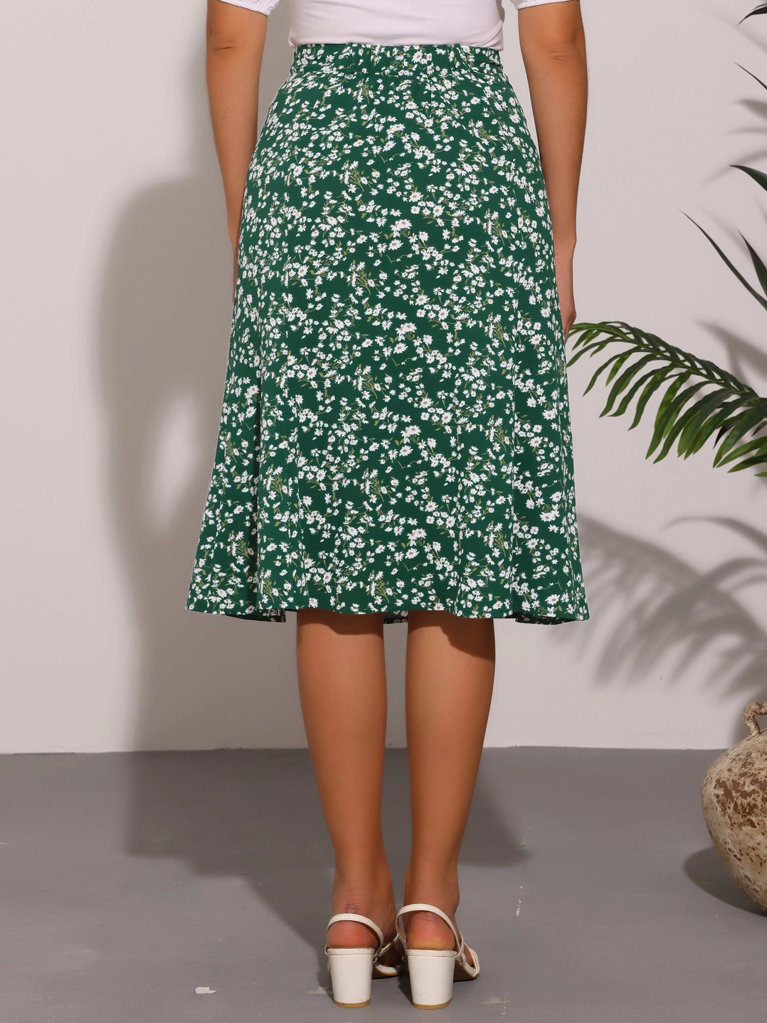 Elastic Waist Floral Peasant A-Line Ditsy Leave Midi Skirt