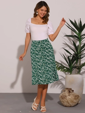 Elastic Waist Floral Peasant A-Line Ditsy Leave Midi Skirt