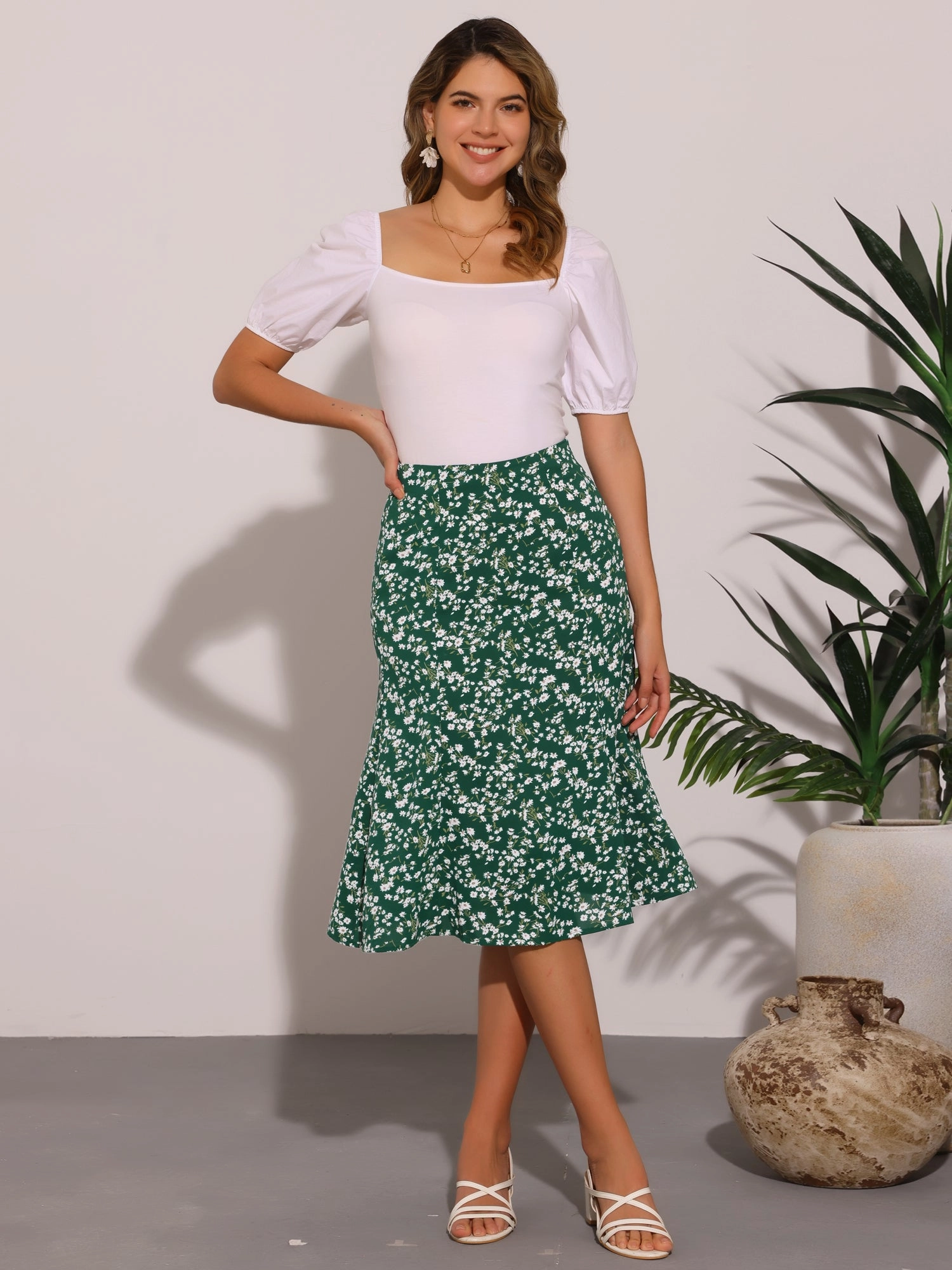 Elastic Waist Floral Peasant A-Line Ditsy Leave Midi Skirt