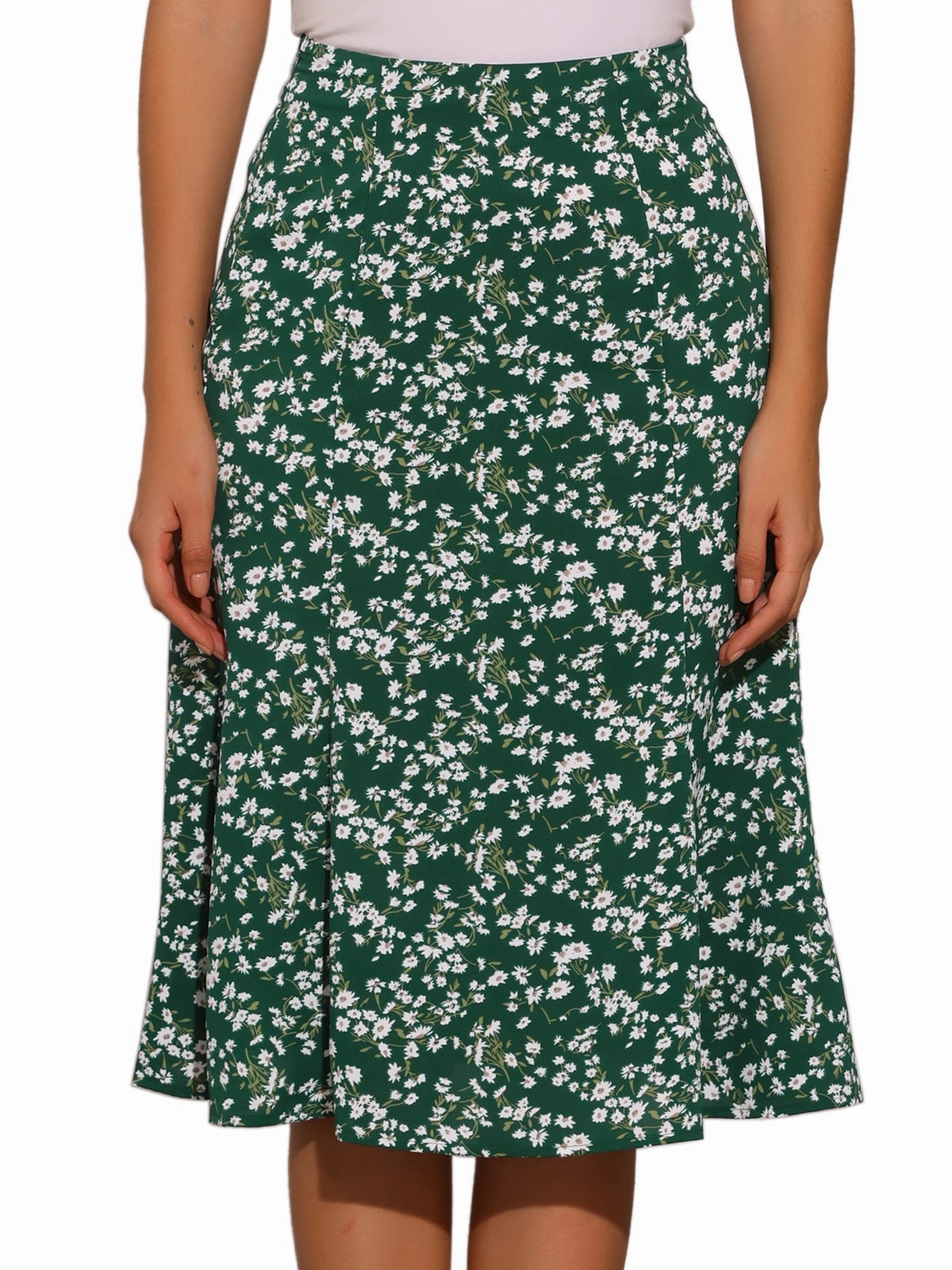 Elastic Waist Floral Peasant A-Line Ditsy Leave Midi Skirt