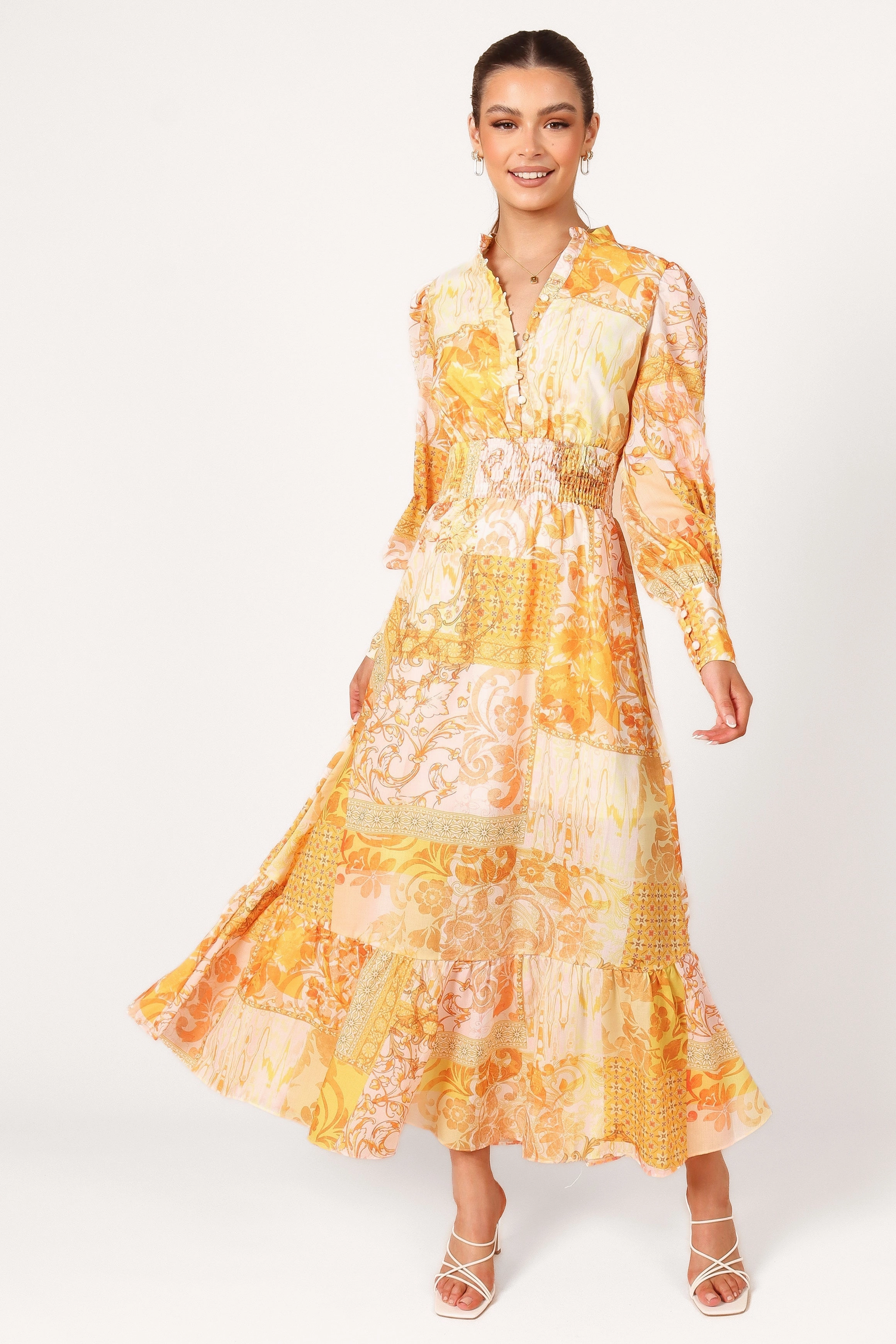 Elements Elastic Waist Long Sleeve Maxi Dress - Mustard