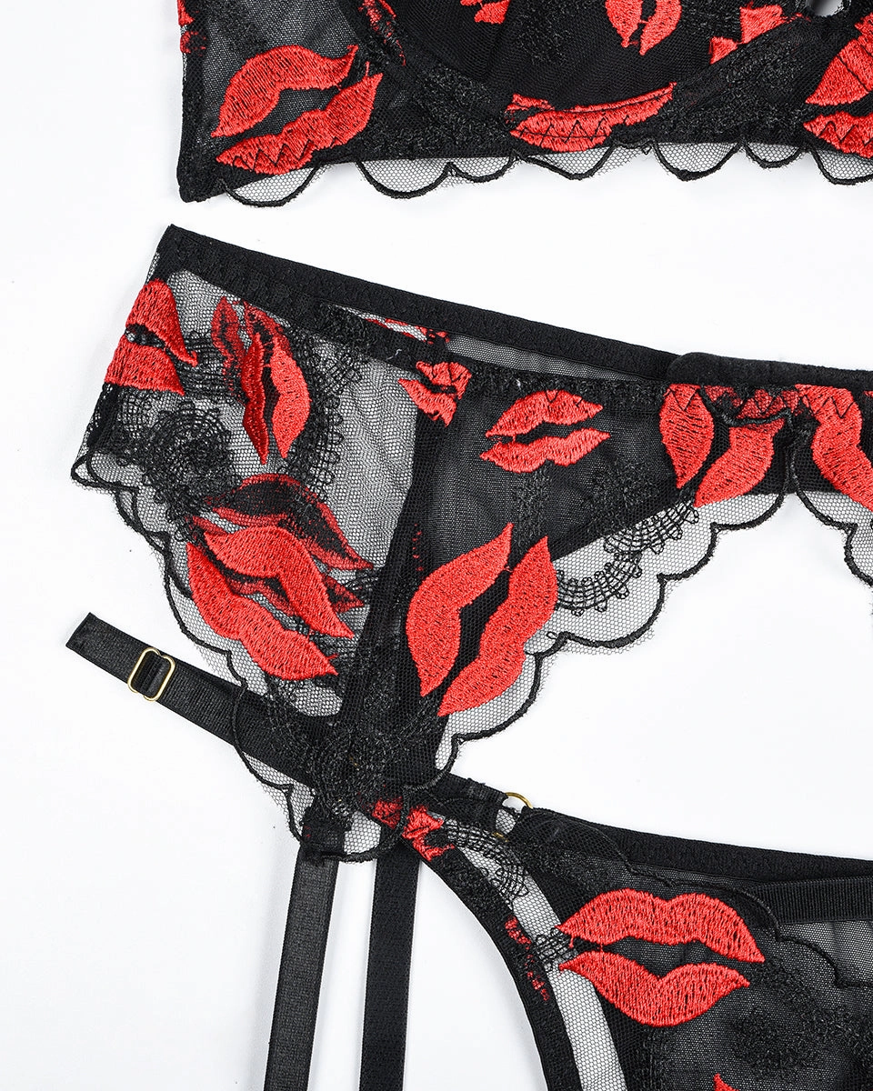 Embroidery Print Set with Garter Belts