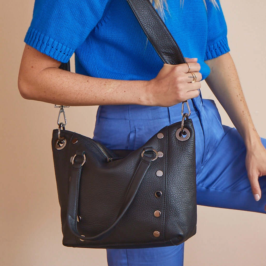 Hammitt Daniel Med Leather Satchel Bag Black/Gunmetal
