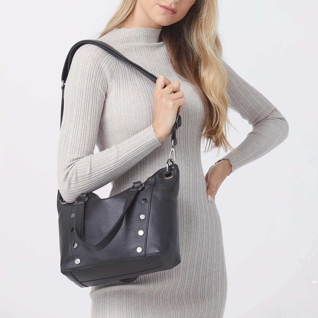 Hammitt Daniel Med Leather Satchel Bag Black/Gunmetal