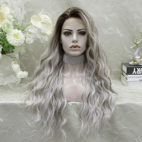 IMstyle Cathy water Wave Grey with Brown rooting 26 inches 13*4 lace Front Synthetic wig