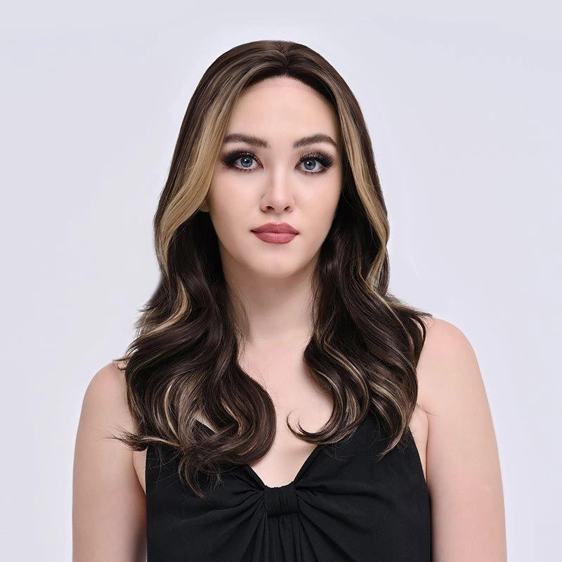 Imstylewigs-Lia-22 inches Skunk stripe Highlight dark brown body wavy lace wigs