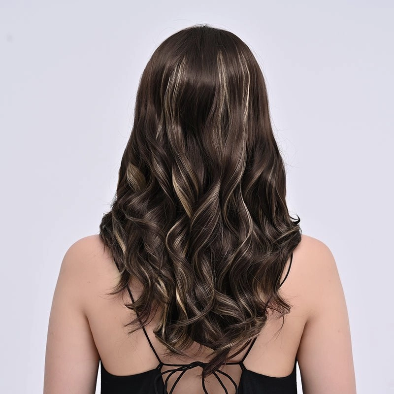 Imstylewigs-Lia-22 inches Skunk stripe Highlight dark brown body wavy lace wigs