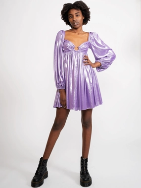 Laminated Dress with Long Purple Sleeves