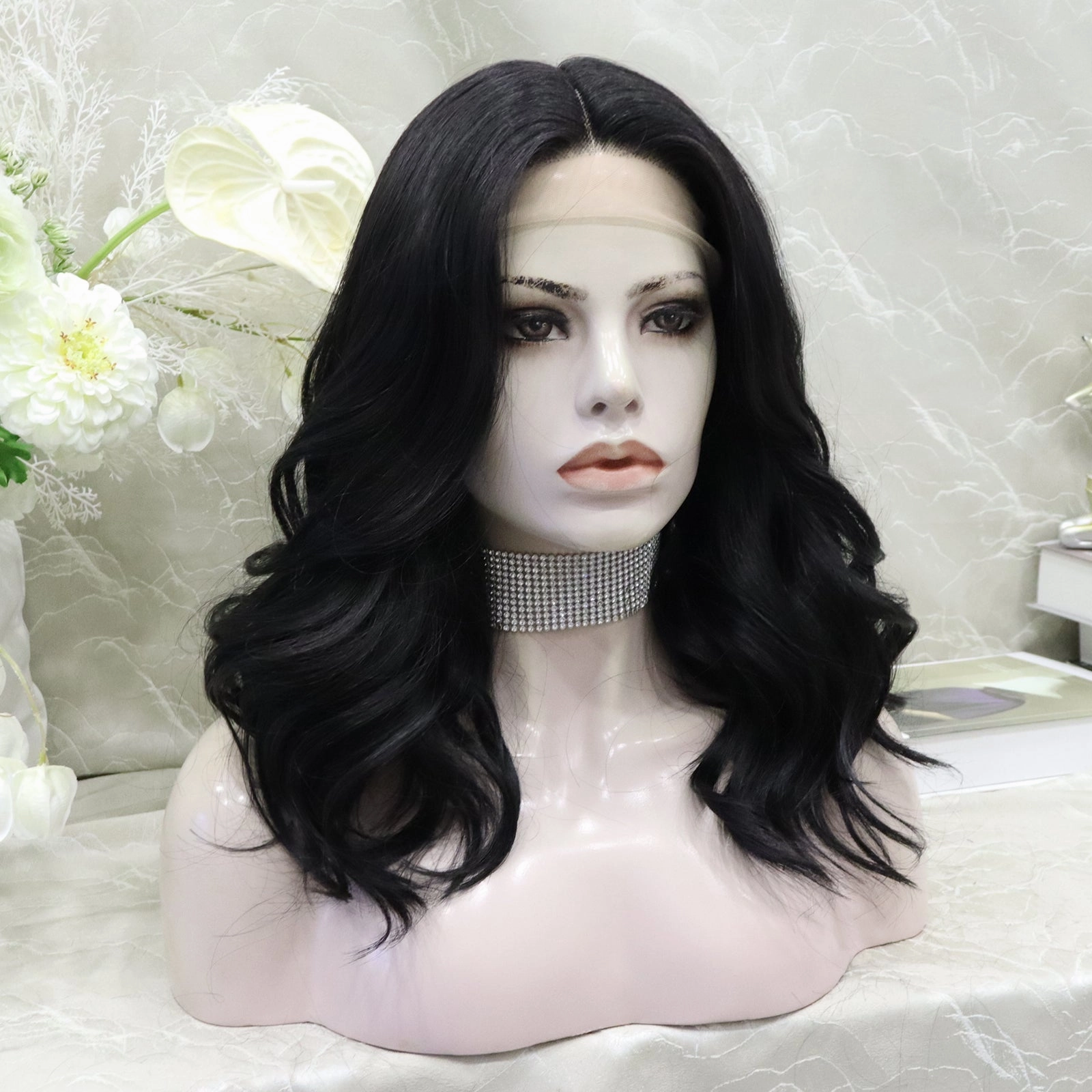 ON-SALE Zia Glueless nature black shoulder wavy lace front wig T parting adjustable Band