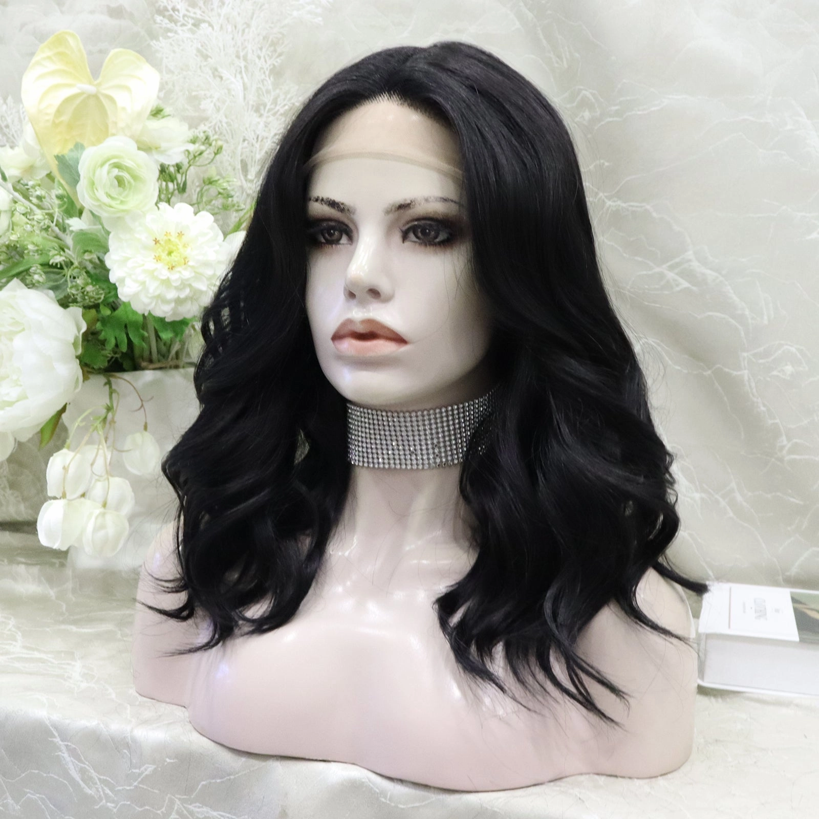 ON-SALE Zia Glueless nature black shoulder wavy lace front wig T parting adjustable Band