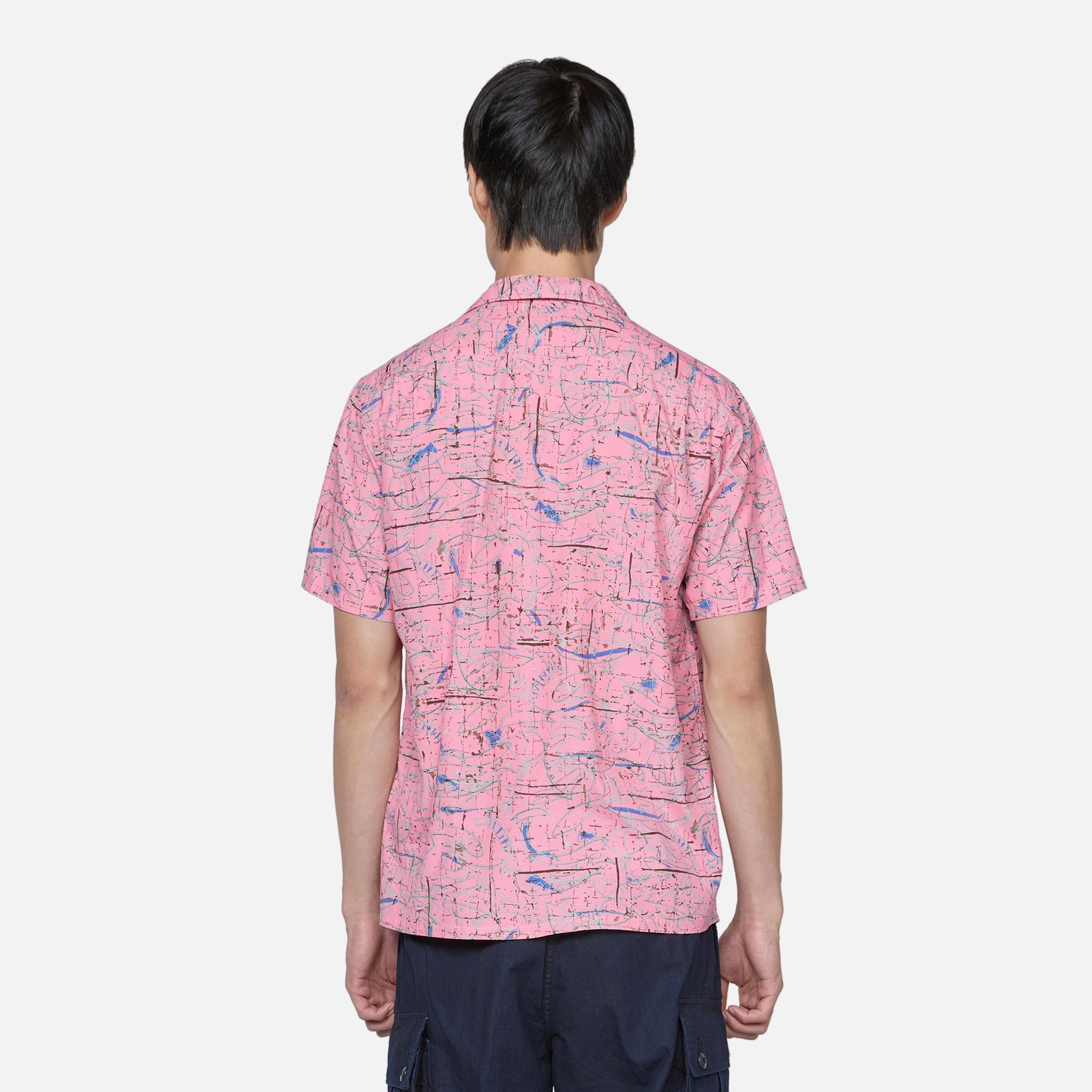Open Collar Cotton Rayon Print Shirt Pink