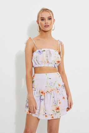 Print Print Ruched Tie Shoulder Crop To