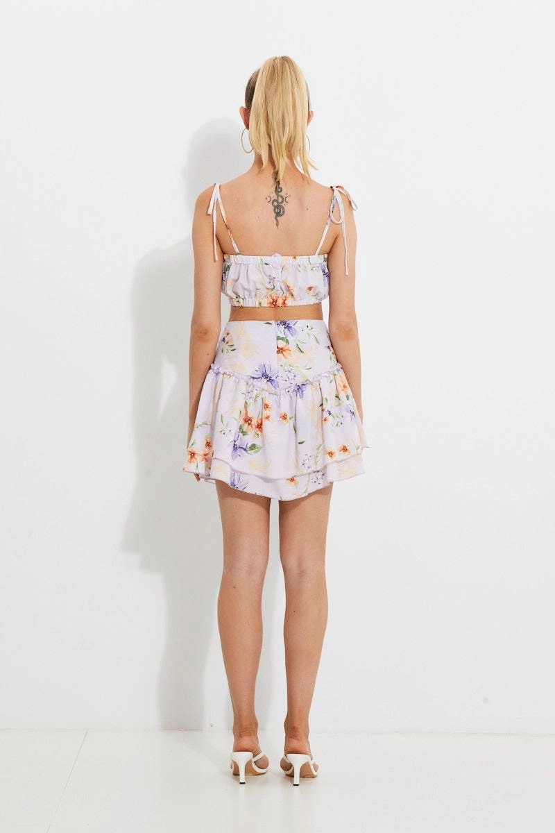 Print Print Ruched Tie Shoulder Crop To