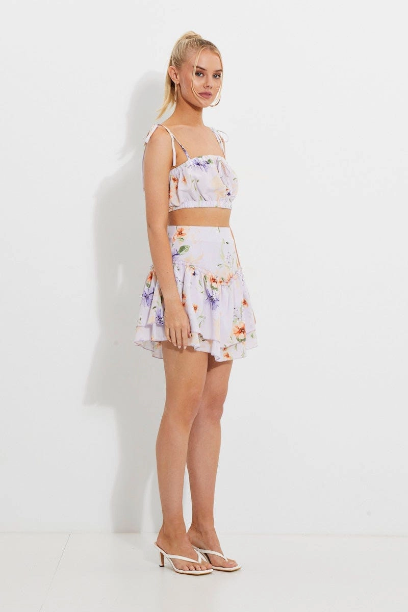 Print Print Ruched Tie Shoulder Crop To