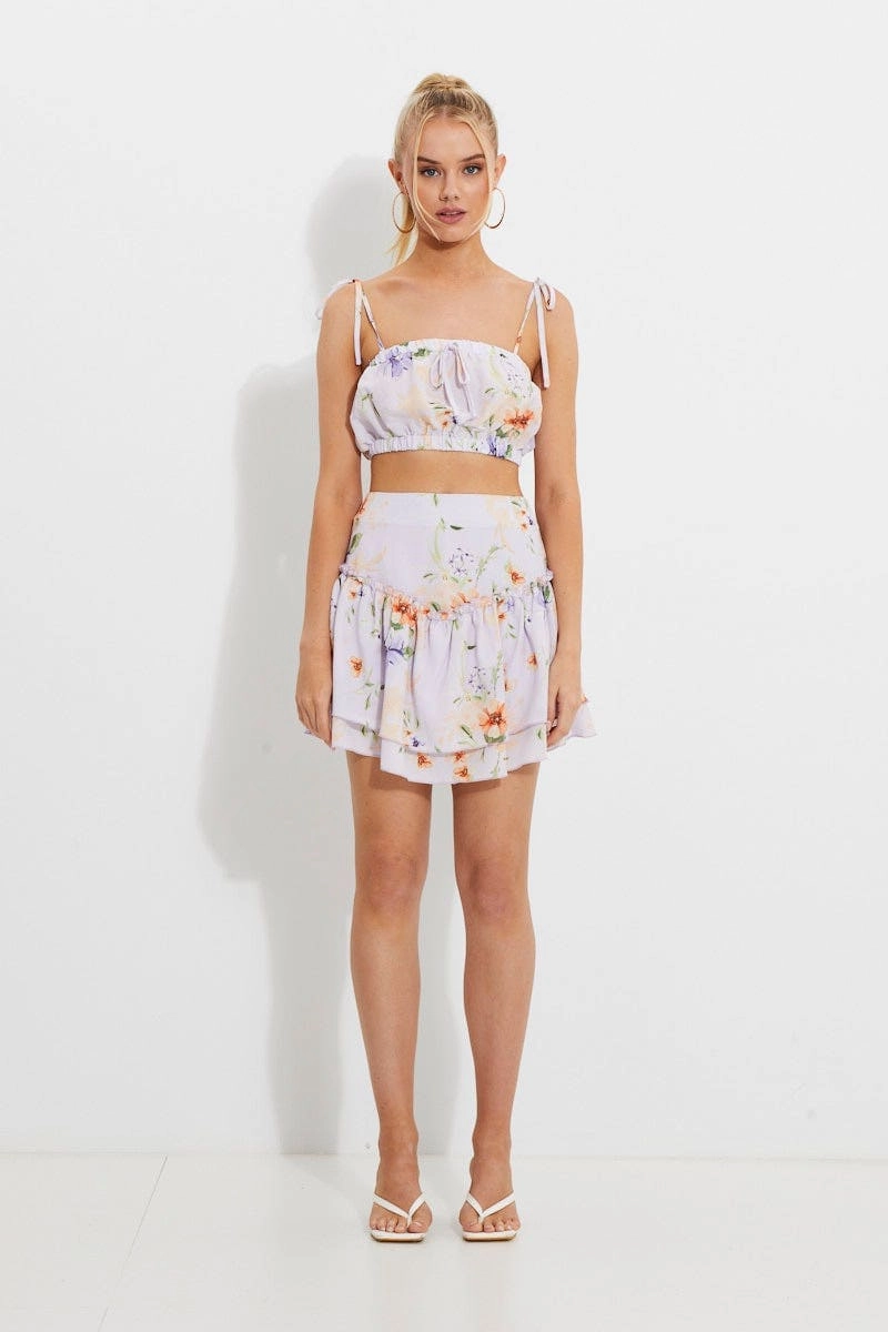 Print Print Ruched Tie Shoulder Crop To