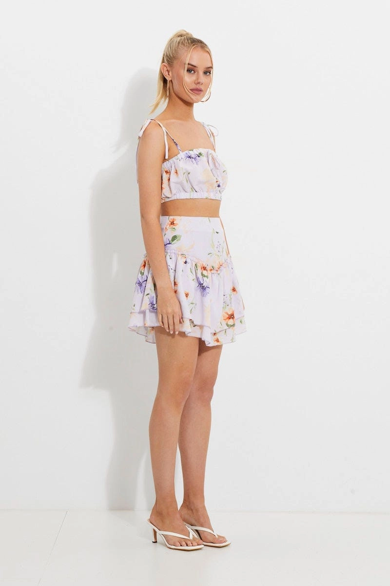 Print Print Ruched Tie Shoulder Crop To