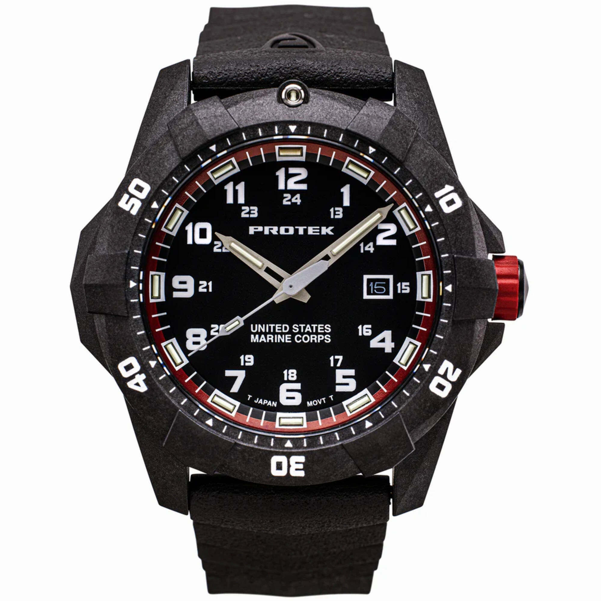 ProTek Men's Watch - USMC Series Quartz Black and Red Dial Rubber Strap Dive | 1012