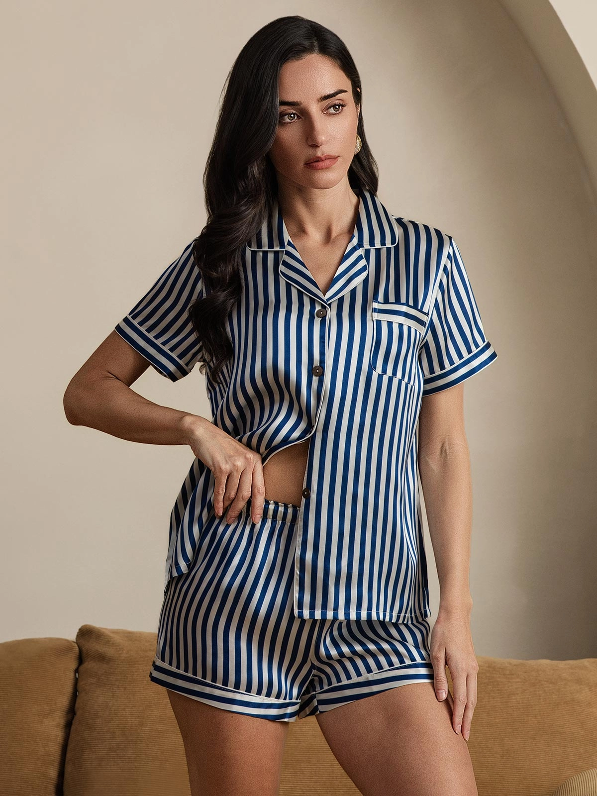Pure Silk Stripe Print Short Sleeve Women's Pajamas Set