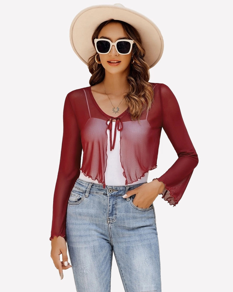 Sheer Shrug Tie Front Mesh Shawl Top